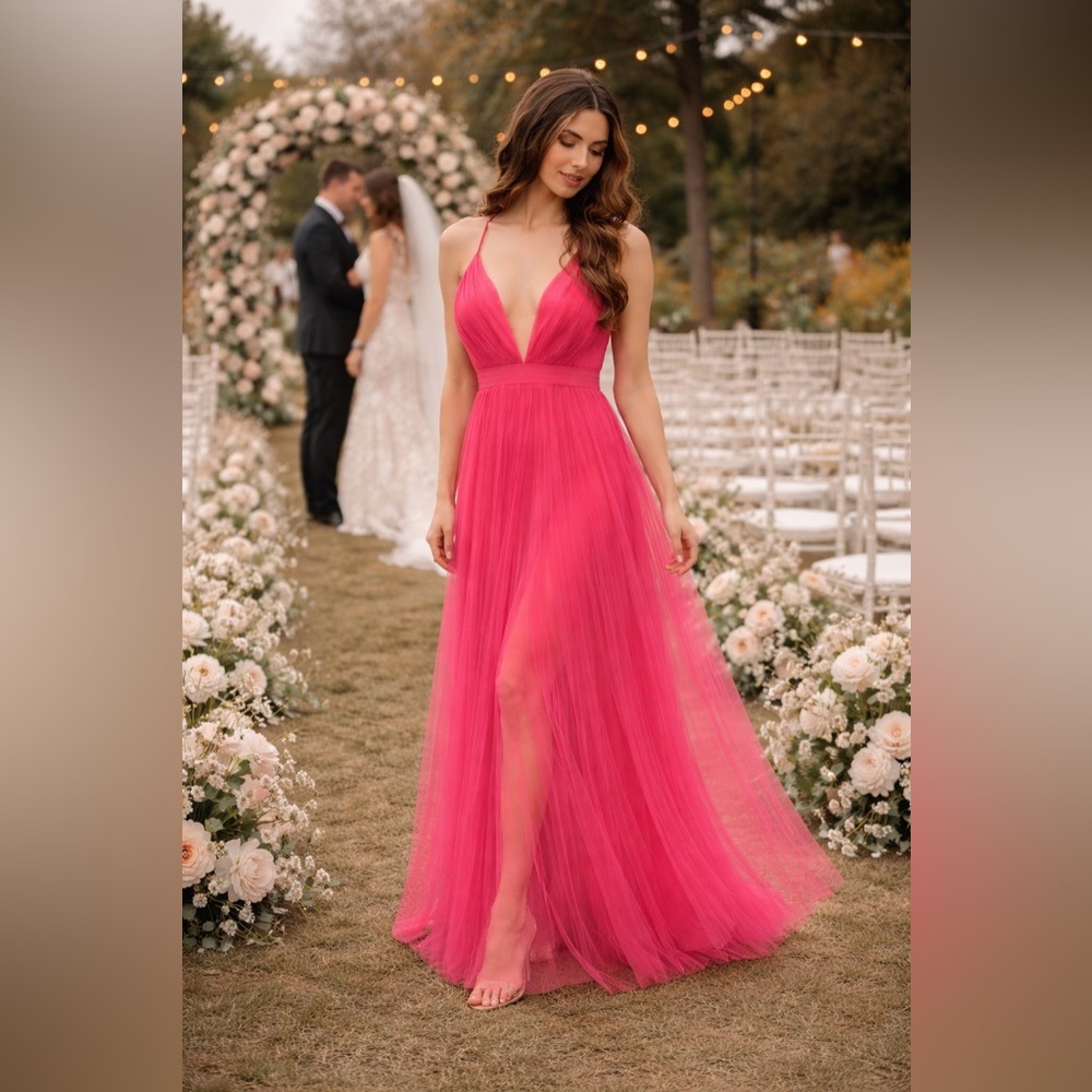 Hot Pink Pleated Maxi Dress Plunge Neck Tulle Formal Wedding Guest Barbiecore M